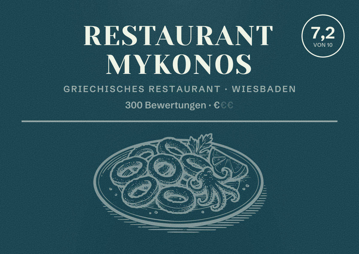 Illustriertes Poster von Restaurant Mykonos, Griechisches Restaurant in Wiesbaden: Bewertung 7,2 von 10 aus 300 Bewertungen, Preisniveau €