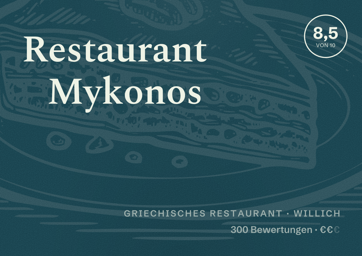 Illustriertes Poster von Restaurant Mykonos, Griechisches Restaurant in Willich: Bewertung 8,5 von 10 aus 300 Bewertungen, Preisniveau €€