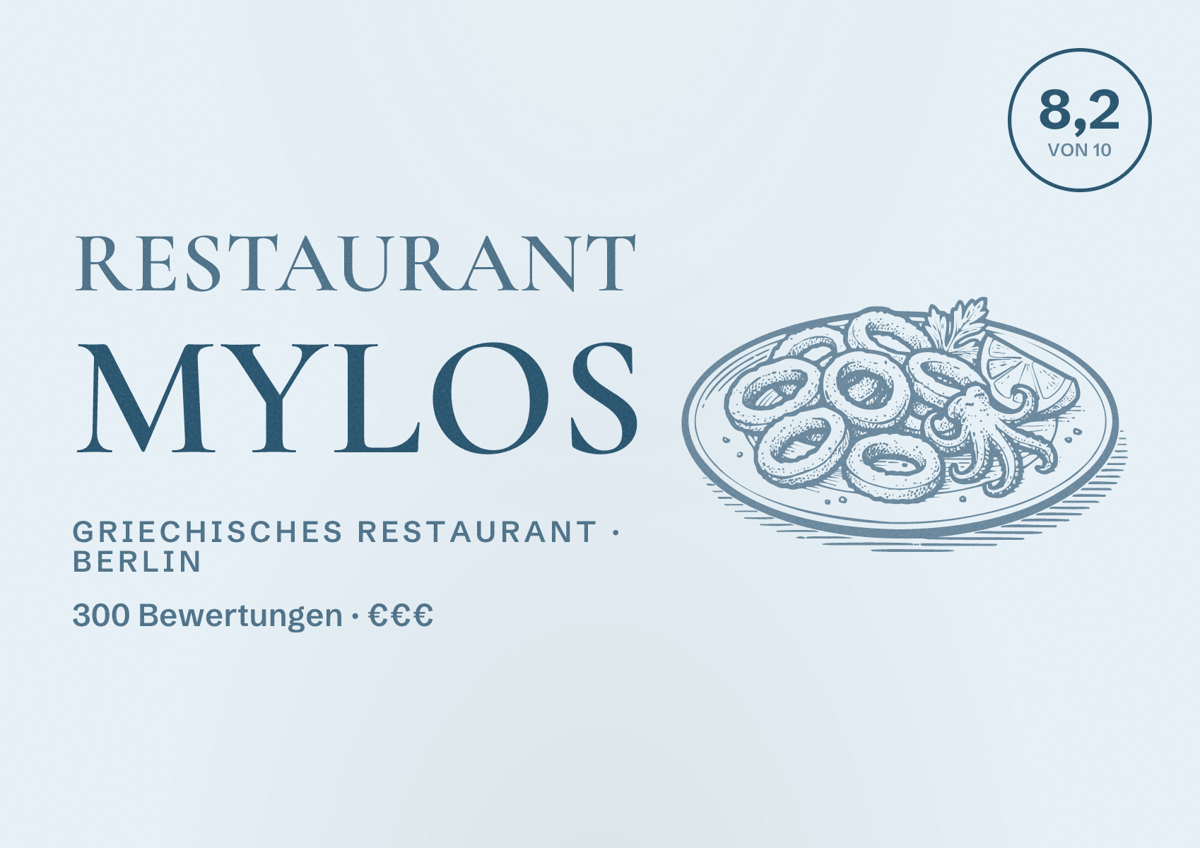 Illustriertes Poster von Restaurant Mylos, Griechisches Restaurant in Berlin: Bewertung 8,2 von 10 aus 300 Bewertungen, Preisniveau €€€
