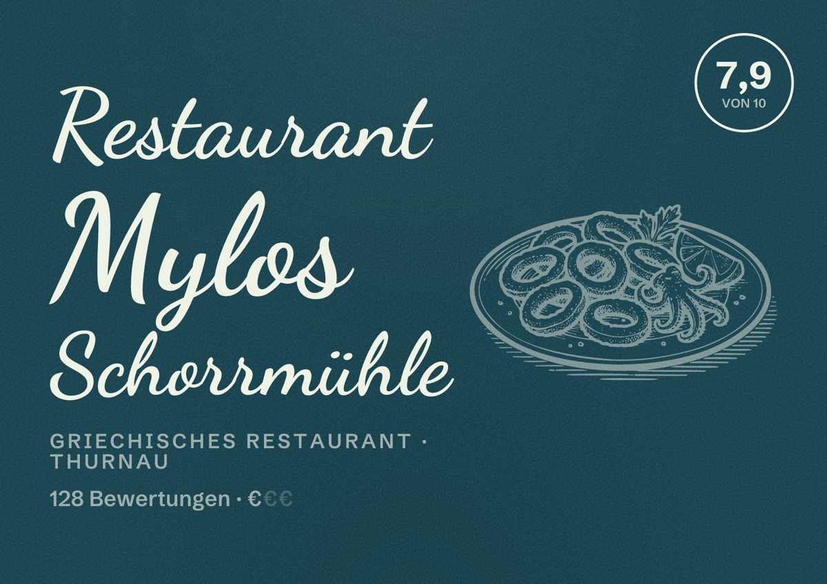 Illustriertes Poster von Restaurant Mylos Schorrmühle, Griechisches Restaurant in Thurnau: Bewertung 7,9 von 10 aus 128 Bewertungen, Preisniveau €