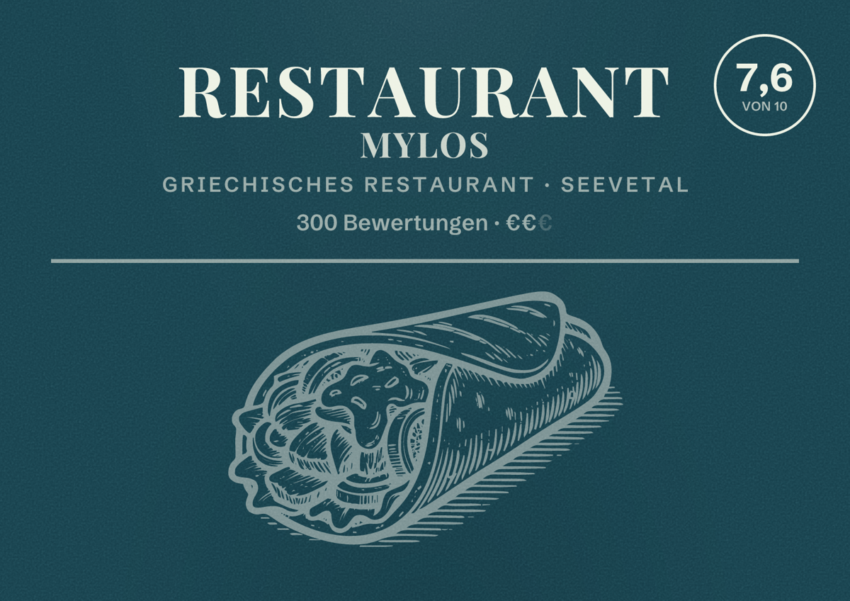 Illustriertes Poster von Restaurant Mylos, Griechisches Restaurant in Seevetal: Bewertung 7,6 von 10 aus 300 Bewertungen, Preisniveau €€
