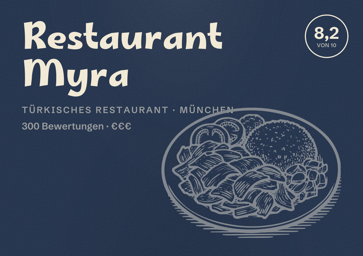 Illustriertes Poster von Restaurant Myra, Türkisches Restaurant in München: Bewertung 8,2 von 10 aus 300 Bewertungen, Preisniveau €€€