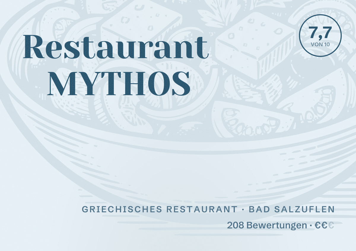 Illustriertes Poster von Restaurant MYTHOS, Griechisches Restaurant in Bad Salzuflen: Bewertung 7,7 von 10 aus 208 Bewertungen, Preisniveau €€