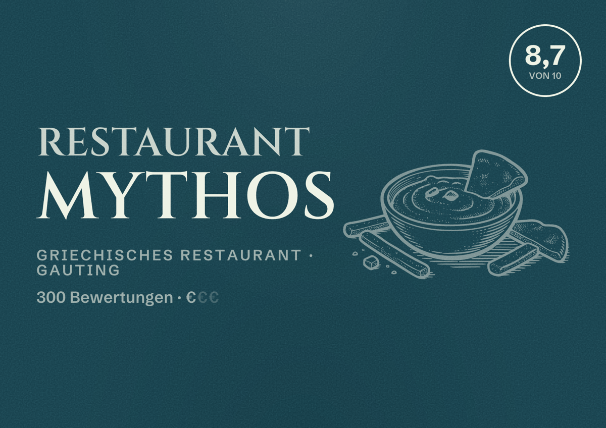 Illustriertes Poster von Restaurant Mythos, Griechisches Restaurant in Gauting: Bewertung 8,7 von 10 aus 300 Bewertungen, Preisniveau €