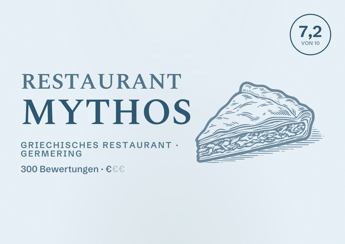 Illustriertes Poster von Restaurant Mythos, Griechisches Restaurant in Germering: Bewertung 7,2 von 10 aus 300 Bewertungen, Preisniveau €