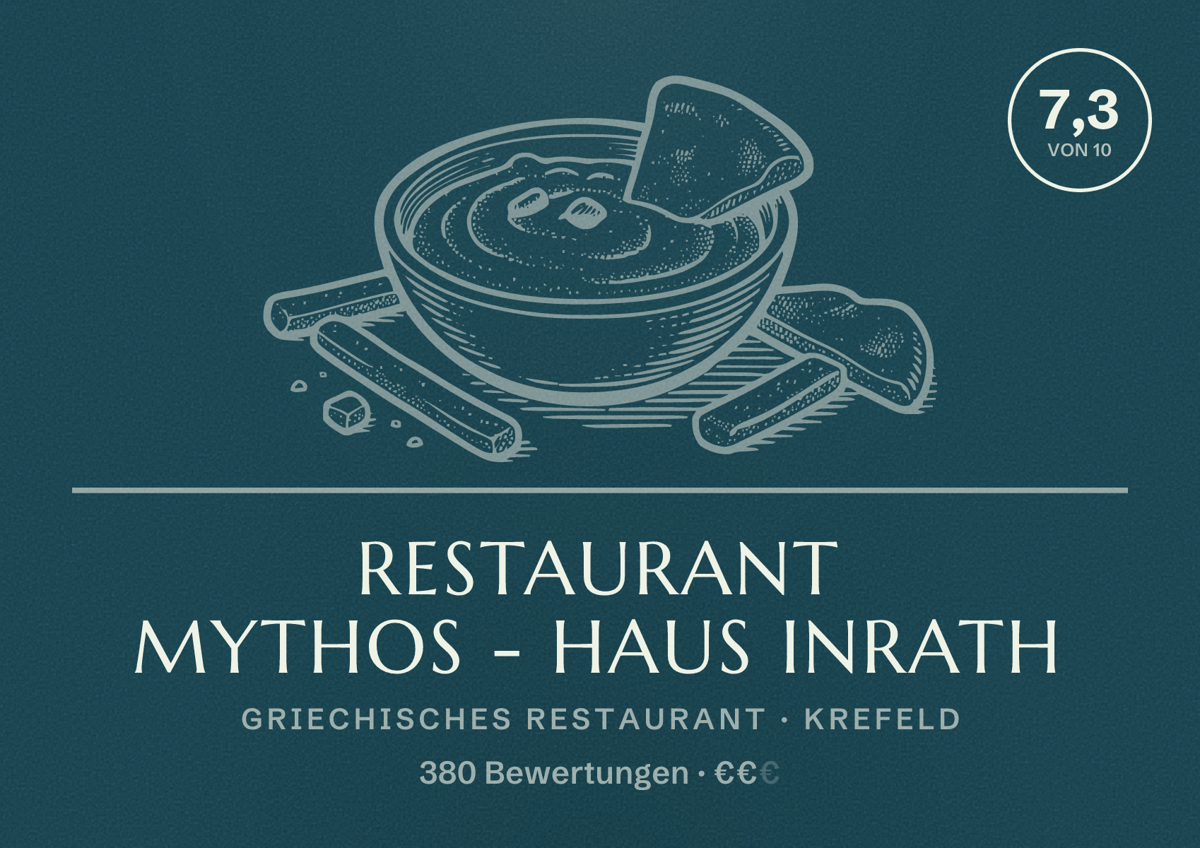 Illustriertes Poster von Restaurant Mythos - Haus Inrath, Griechisches Restaurant in Krefeld: Bewertung 7,3 von 10 aus 380 Bewertungen, Preisniveau €€