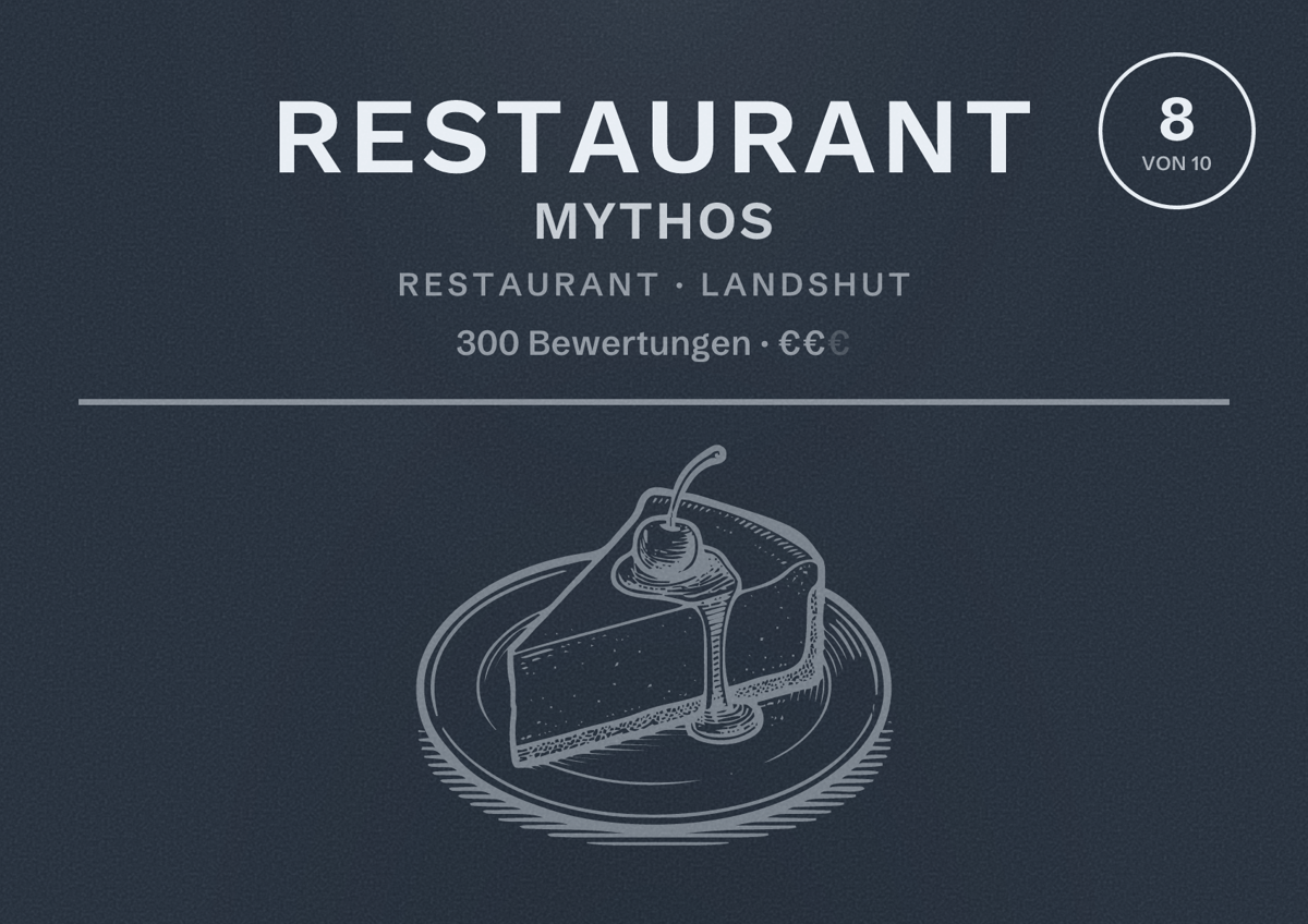 Illustriertes Poster von Restaurant Mythos, Restaurant in Landshut: Bewertung 8 von 10 aus 300 Bewertungen, Preisniveau €€