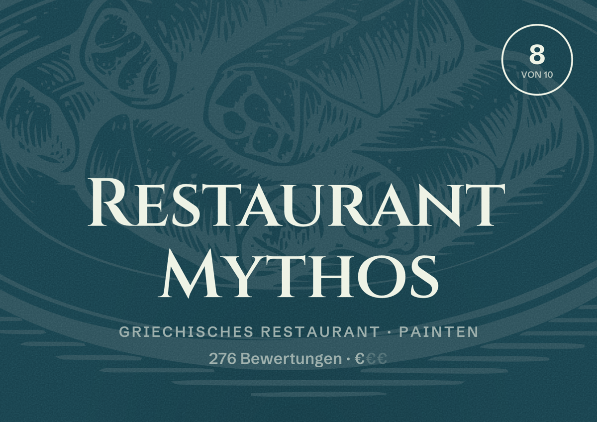 Illustriertes Poster von Restaurant Mythos, Griechisches Restaurant in Painten: Bewertung 8 von 10 aus 276 Bewertungen, Preisniveau €