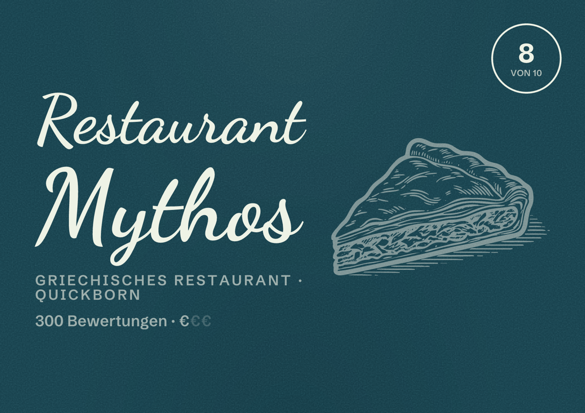 Illustriertes Poster von Restaurant Mythos, Griechisches Restaurant in Quickborn: Bewertung 8 von 10 aus 300 Bewertungen, Preisniveau €