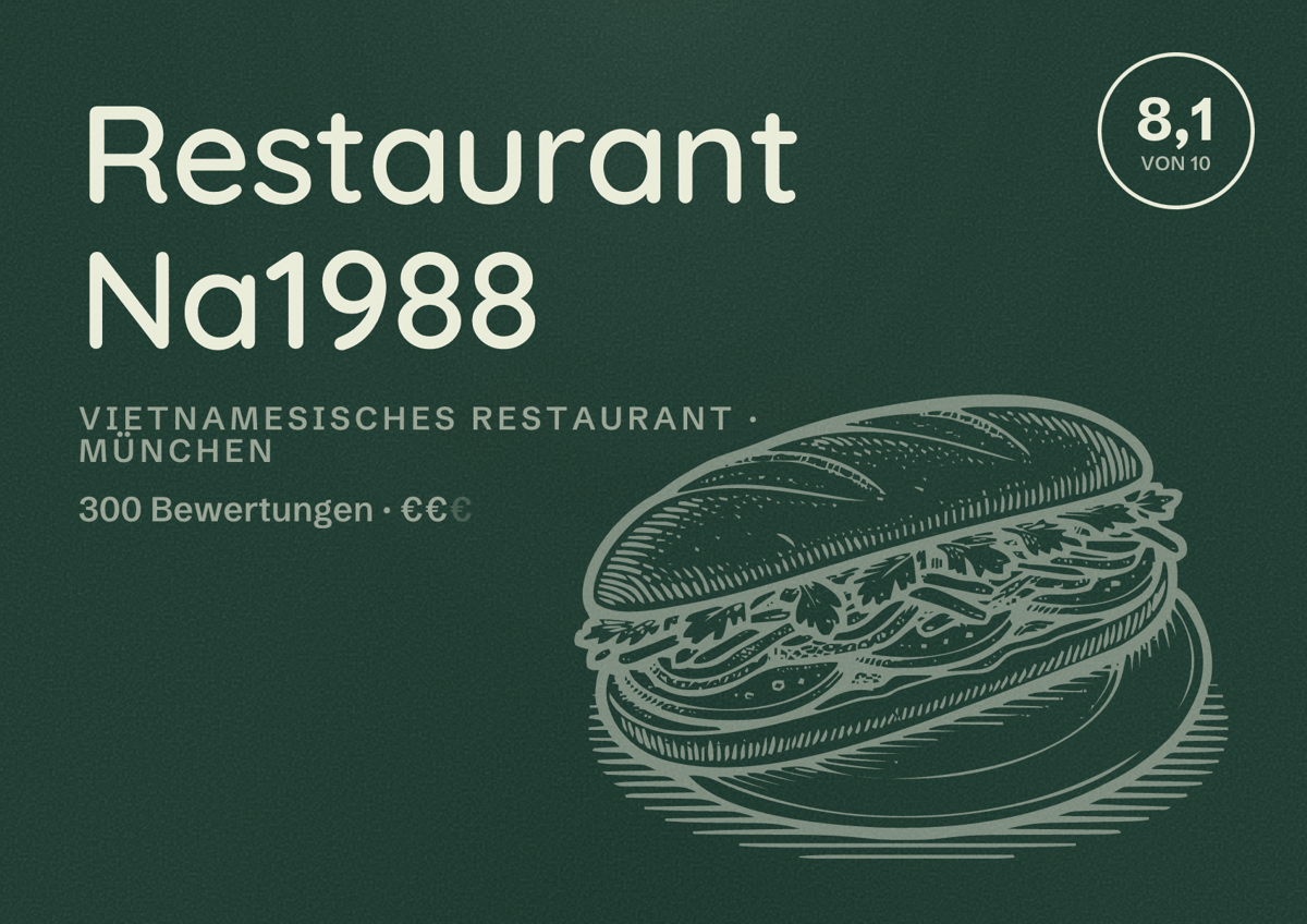 Illustriertes Poster von Restaurant Na1988, Vietnamesisches Restaurant in München: Bewertung 8,1 von 10 aus 300 Bewertungen, Preisniveau €€