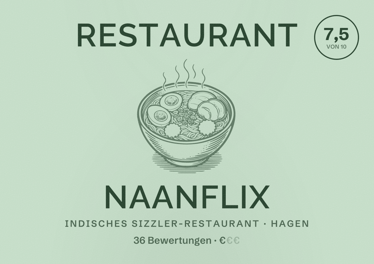 Illustriertes Poster von Restaurant Naanflix, Indisches Sizzler-Restaurant in Hagen: Bewertung 7,5 von 10 aus 36 Bewertungen, Preisniveau €