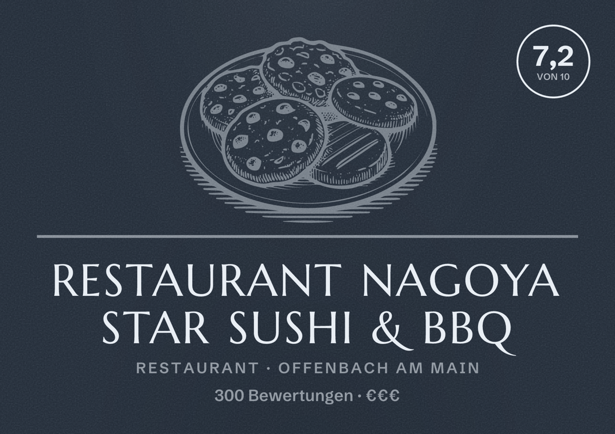Illustriertes Poster von Restaurant Nagoya Star Sushi & BBQ, Restaurant in Offenbach am Main: Bewertung 7,2 von 10 aus 300 Bewertungen, Preisniveau €€€
