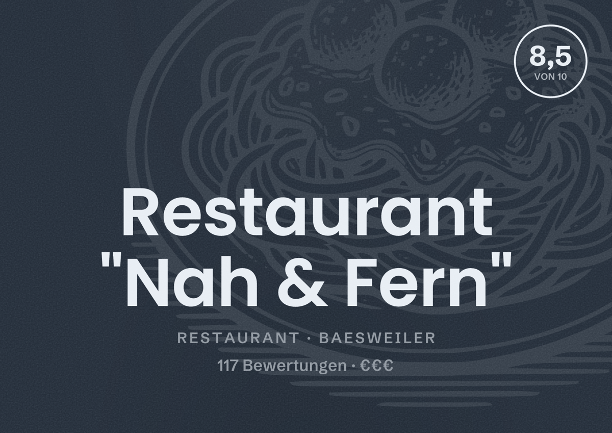 Illustriertes Poster von Restaurant "Nah & Fern", Restaurant in Baesweiler: Bewertung 8,5 von 10 aus 117 Bewertungen, Preisniveau €€€