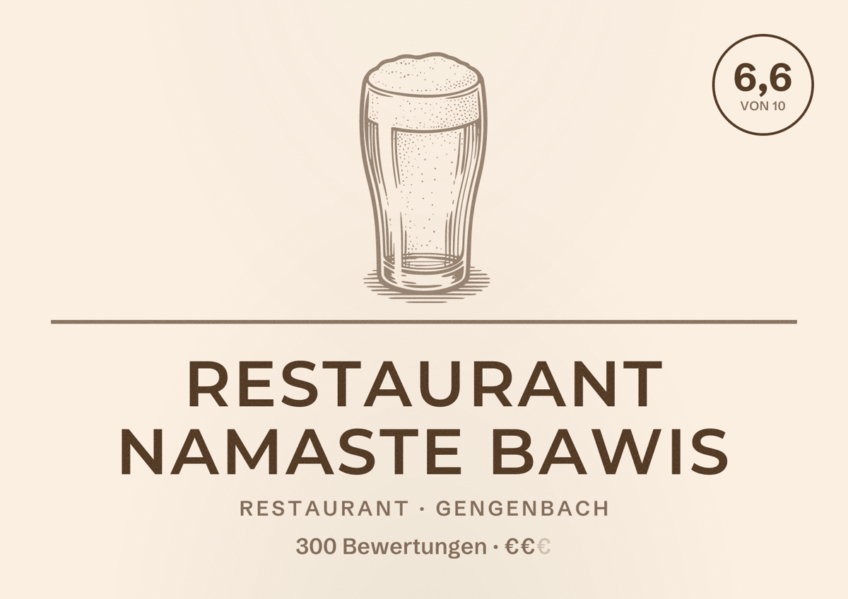 Illustriertes Poster von Restaurant Namaste Bawis, Restaurant in Gengenbach: Bewertung 6,6 von 10 aus 300 Bewertungen, Preisniveau €€
