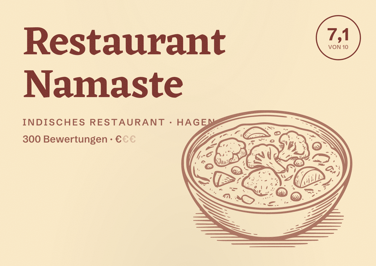 Illustriertes Poster von Restaurant Namaste, Indisches Restaurant in Hagen: Bewertung 7,1 von 10 aus 300 Bewertungen, Preisniveau €
