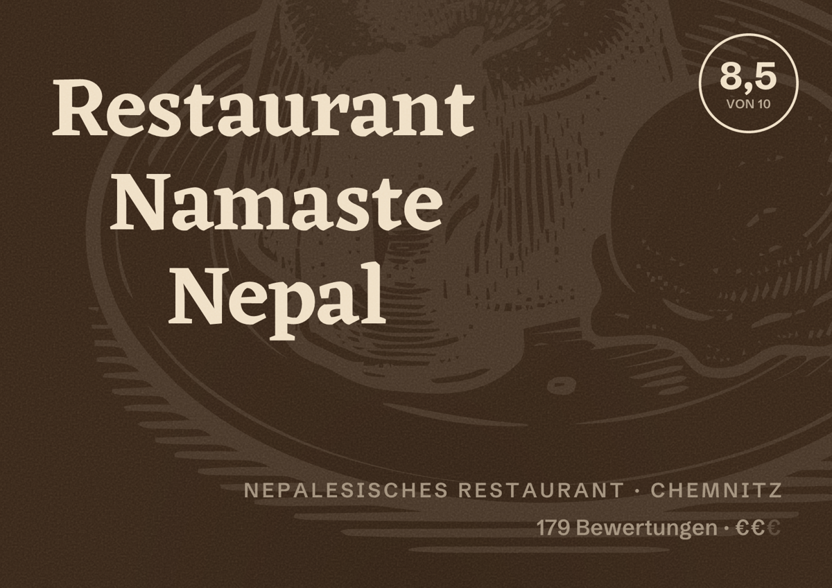 Illustriertes Poster von Restaurant Namaste Nepal, Nepalesisches Restaurant in Chemnitz: Bewertung 8,5 von 10 aus 179 Bewertungen, Preisniveau €€