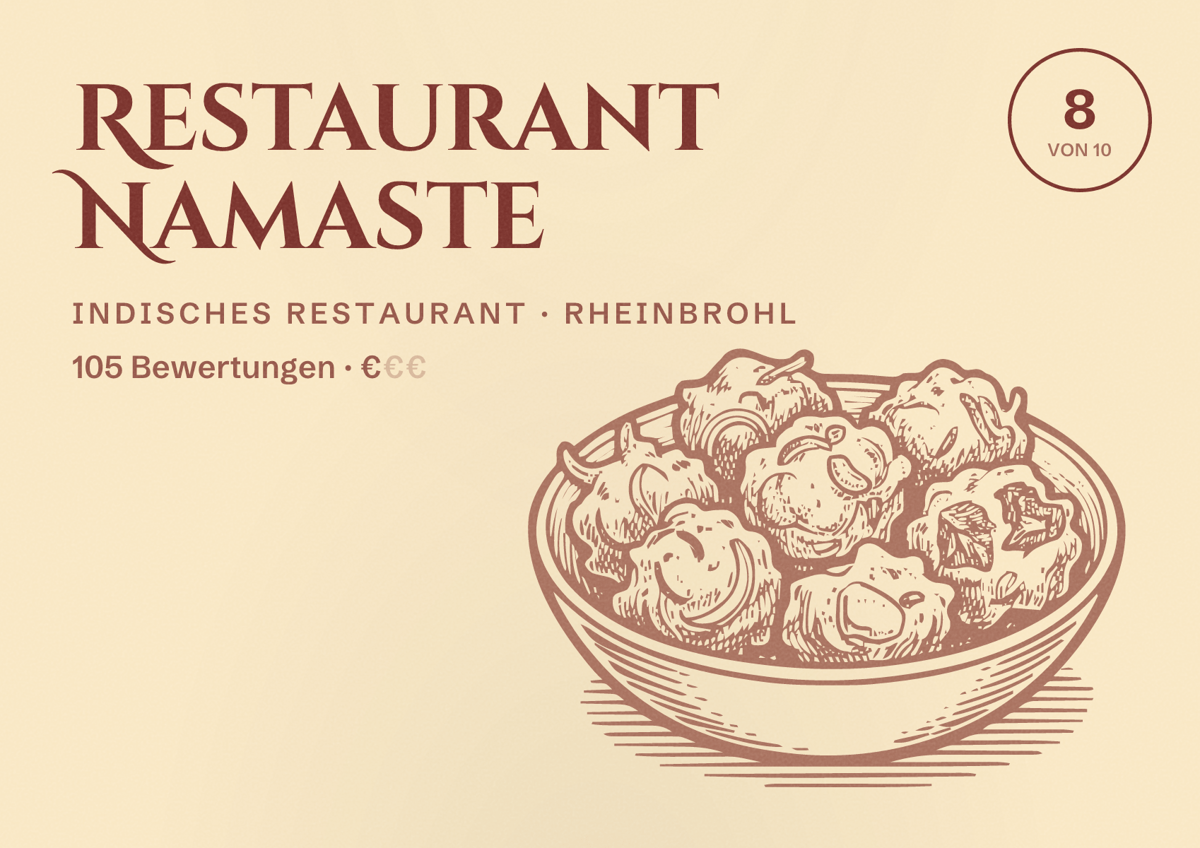 Illustriertes Poster von Restaurant Namaste, Indisches Restaurant in Rheinbrohl: Bewertung 8 von 10 aus 105 Bewertungen, Preisniveau €