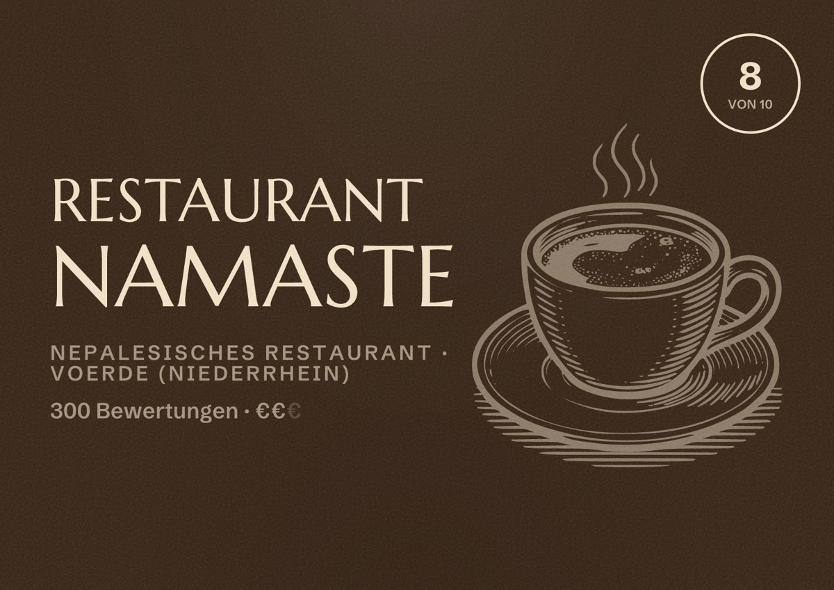 Illustriertes Poster von Restaurant Namaste, Nepalesisches Restaurant in Voerde (Niederrhein): Bewertung 8 von 10 aus 300 Bewertungen, Preisniveau €€
