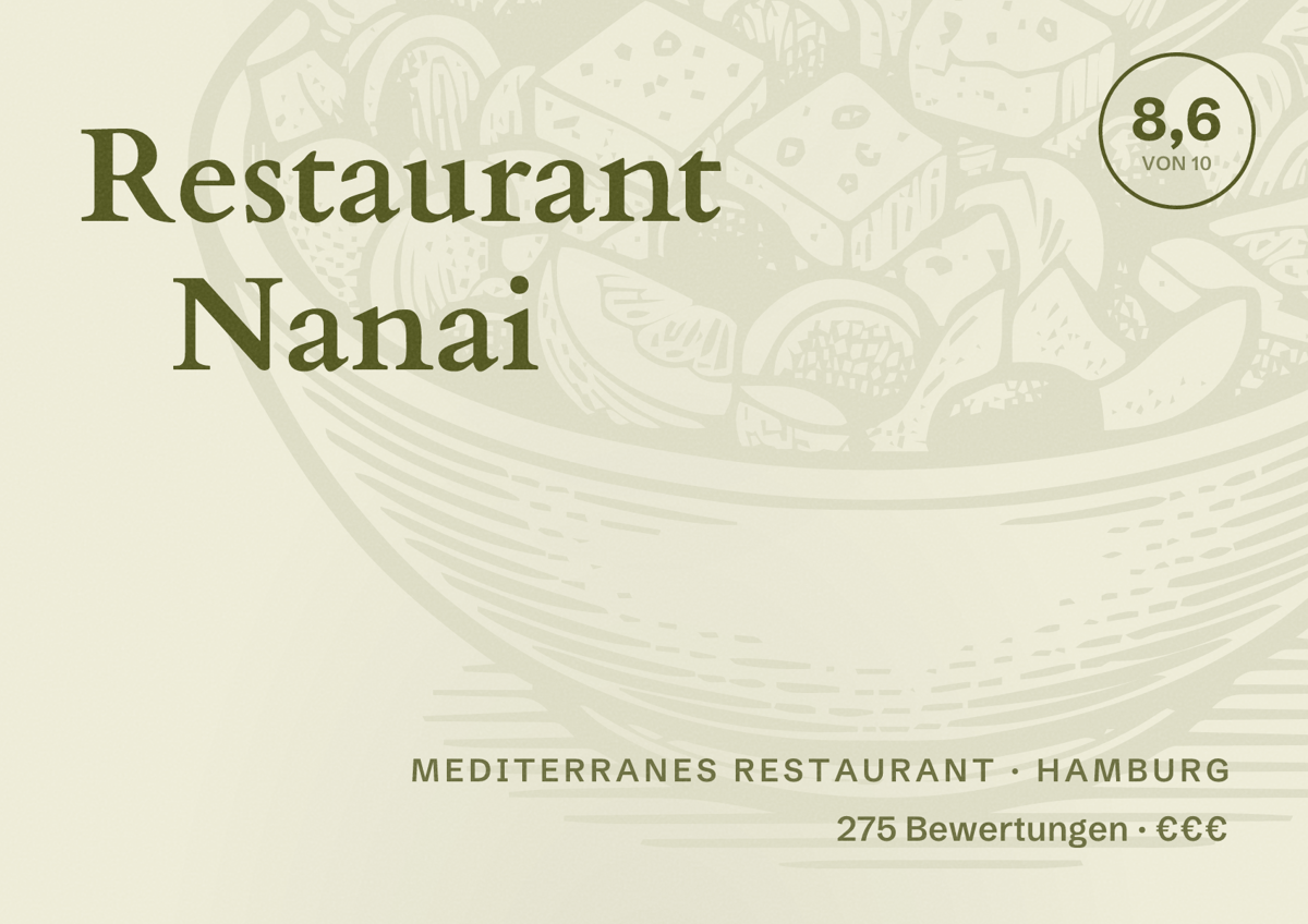 Illustriertes Poster von Restaurant Nanai, Mediterranes Restaurant in Hamburg: Bewertung 8,6 von 10 aus 275 Bewertungen, Preisniveau €€€