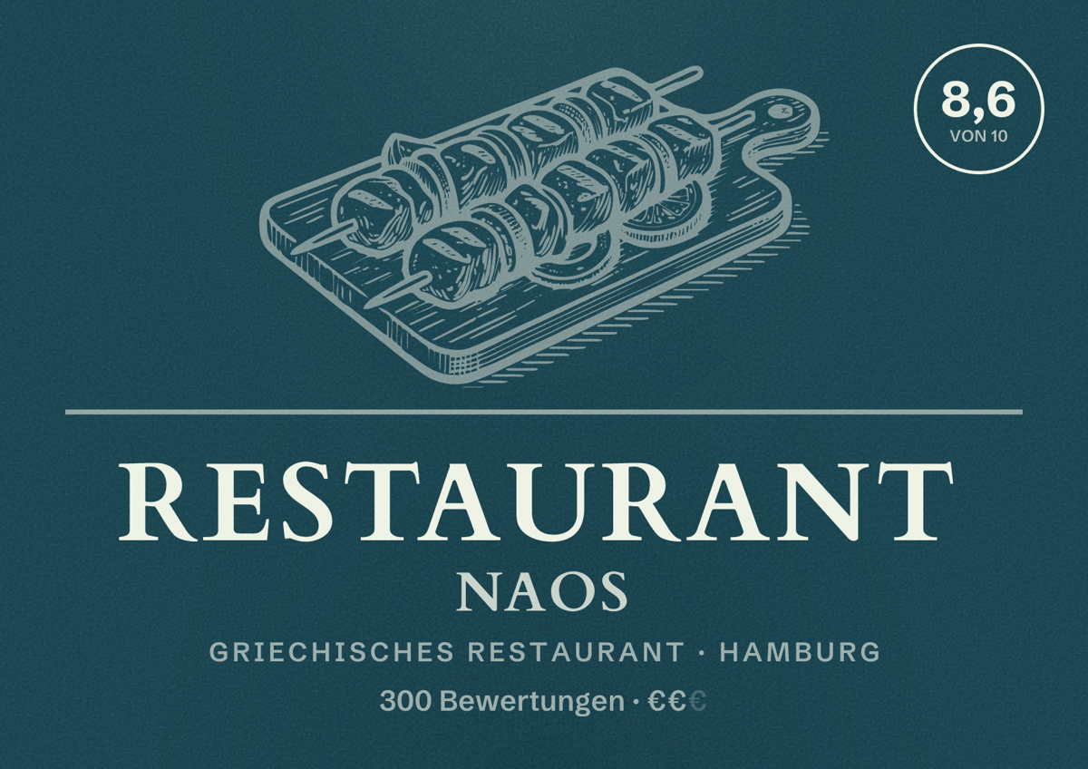 Illustriertes Poster von Restaurant Naos, Griechisches Restaurant in Hamburg: Bewertung 8,6 von 10 aus 300 Bewertungen, Preisniveau €€