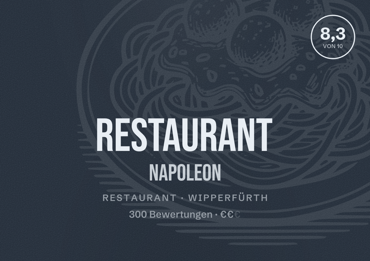 Illustriertes Poster von Restaurant Napoleon, Restaurant in Wipperfürth: Bewertung 8,3 von 10 aus 300 Bewertungen, Preisniveau €€