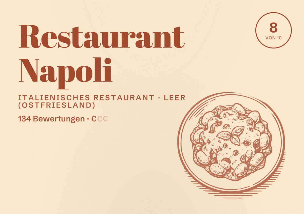 Illustriertes Poster von Restaurant Napoli, Italienisches Restaurant in Leer (Ostfriesland): Bewertung 8 von 10 aus 134 Bewertungen, Preisniveau €