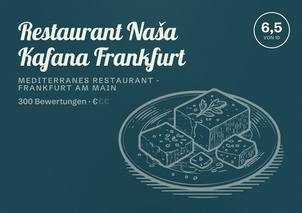 Illustriertes Poster von Restaurant Naša Kafana Frankfurt, Mediterranes Restaurant in Frankfurt am Main: Bewertung 6,5 von 10 aus 300 Bewertungen, Preisniveau €