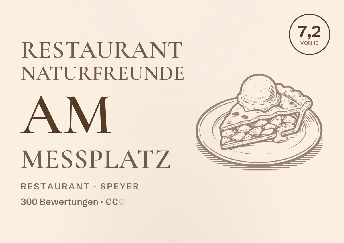 Illustriertes Poster von Restaurant Naturfreunde am Messplatz, Restaurant in Speyer: Bewertung 7,2 von 10 aus 300 Bewertungen, Preisniveau €€