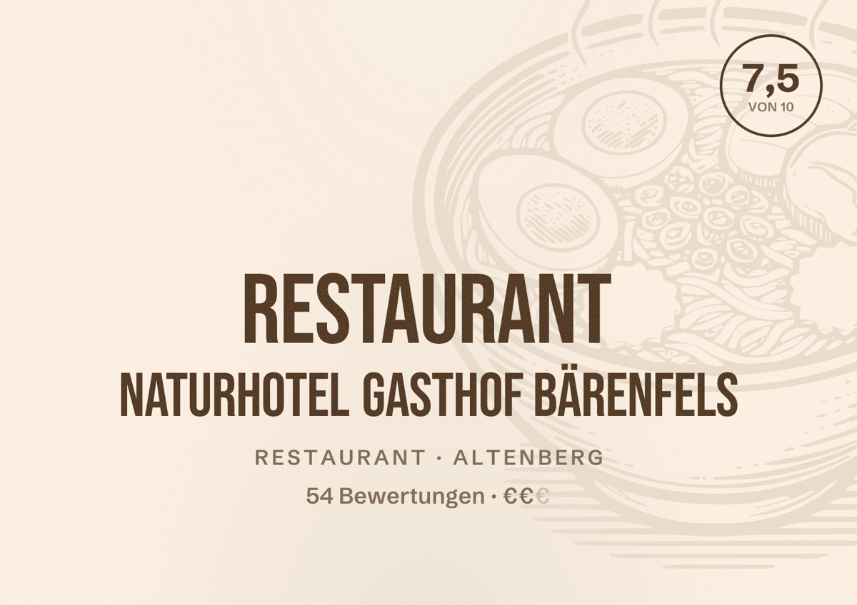 Illustriertes Poster von Restaurant Naturhotel Gasthof Bärenfels, Restaurant in Altenberg: Bewertung 7,5 von 10 aus 54 Bewertungen, Preisniveau €€