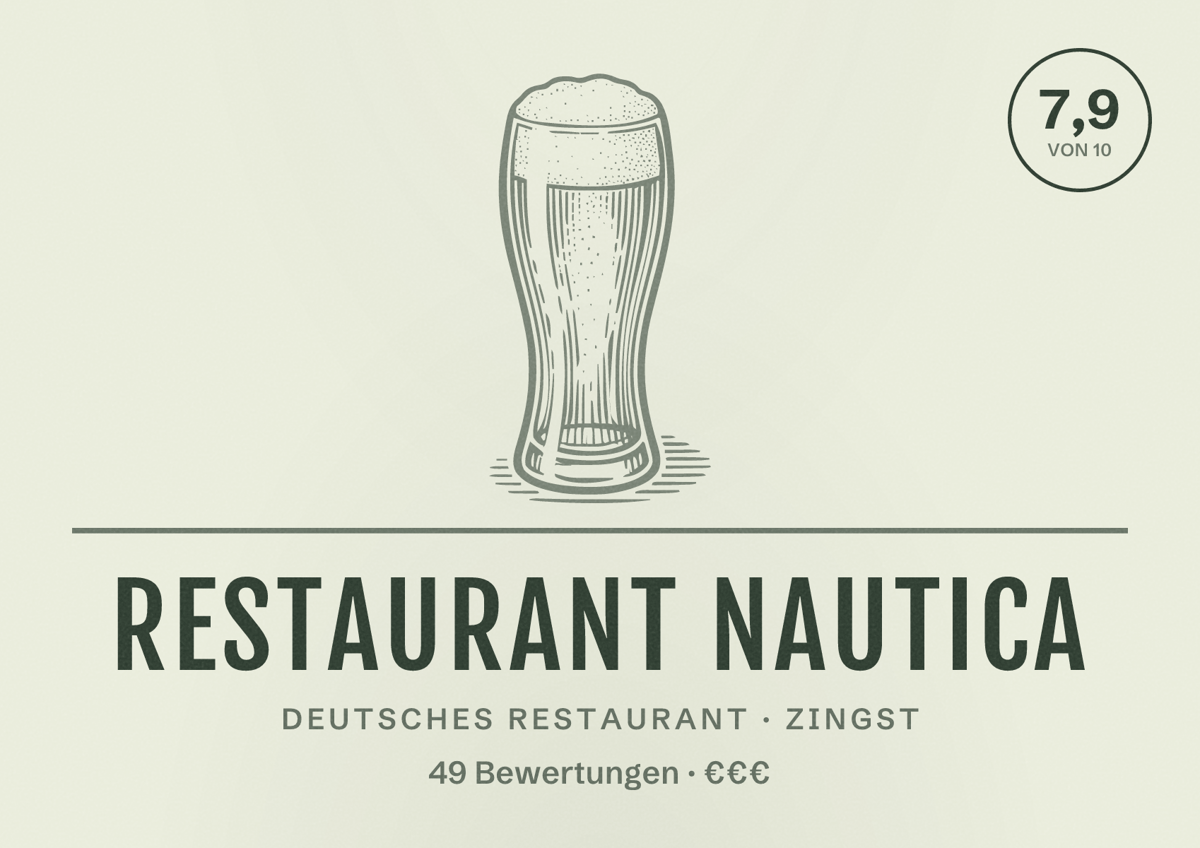 Illustriertes Poster von Restaurant Nautica, Deutsches Restaurant in Zingst: Bewertung 7,9 von 10 aus 49 Bewertungen, Preisniveau €€€