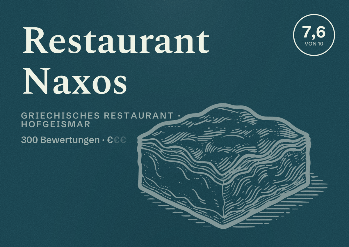 Illustriertes Poster von Restaurant Naxos, Griechisches Restaurant in Hofgeismar: Bewertung 7,6 von 10 aus 300 Bewertungen, Preisniveau €