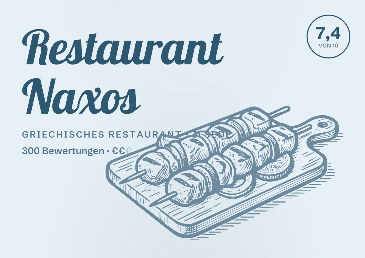 Illustriertes Poster von Restaurant Naxos, Griechisches Restaurant in Ilsede: Bewertung 7,4 von 10 aus 300 Bewertungen, Preisniveau €€