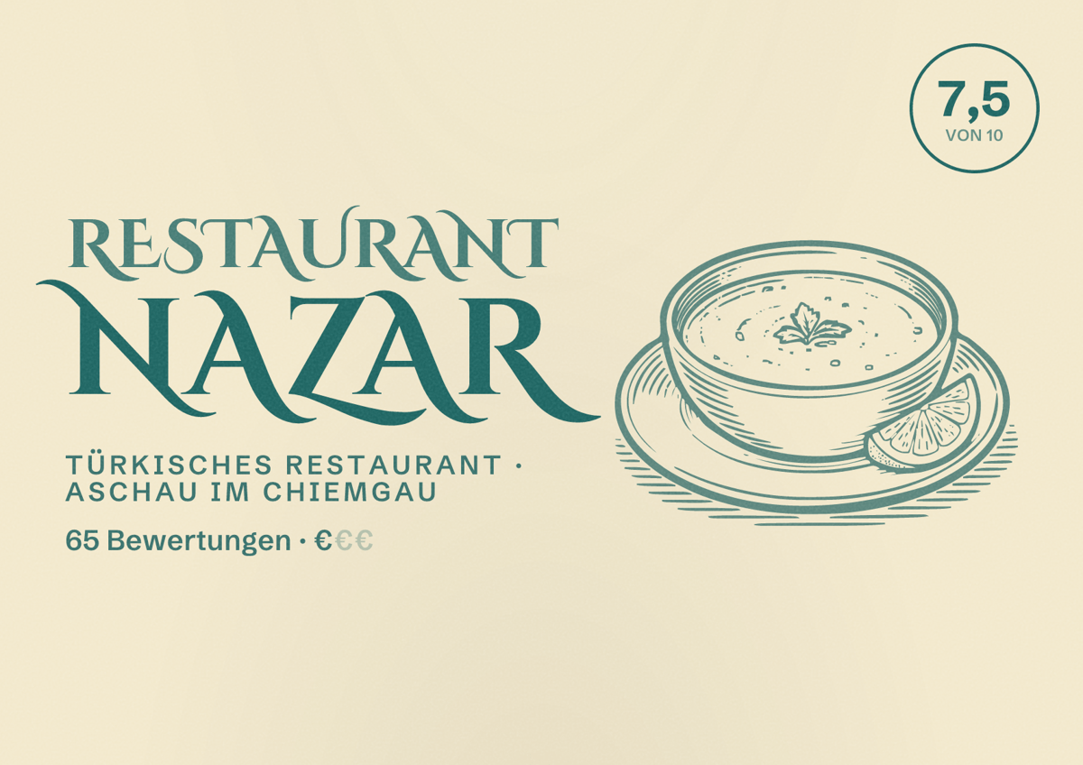 Illustriertes Poster von Restaurant Nazar, Türkisches Restaurant in Aschau im Chiemgau: Bewertung 7,5 von 10 aus 65 Bewertungen, Preisniveau €