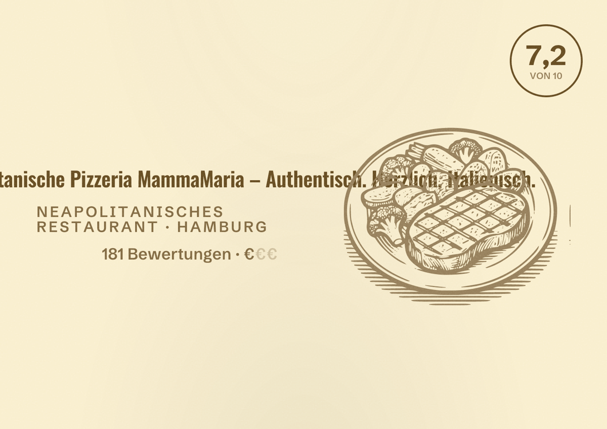Illustriertes Poster von Restaurant Neapolitanische Pizzeria MammaMaria – Authentisch. Herzlich. Italienisch., Neapolitanisches Restaurant in Hamburg: Bewertung 7,2 von 10 aus 181 Bewertungen, Preisniveau €