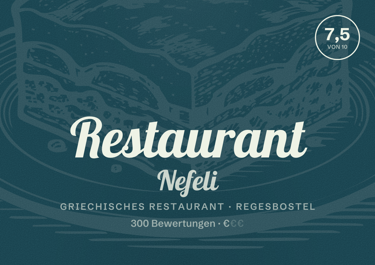 Illustriertes Poster von Restaurant Nefeli, Griechisches Restaurant in Regesbostel: Bewertung 7,5 von 10 aus 300 Bewertungen, Preisniveau €
