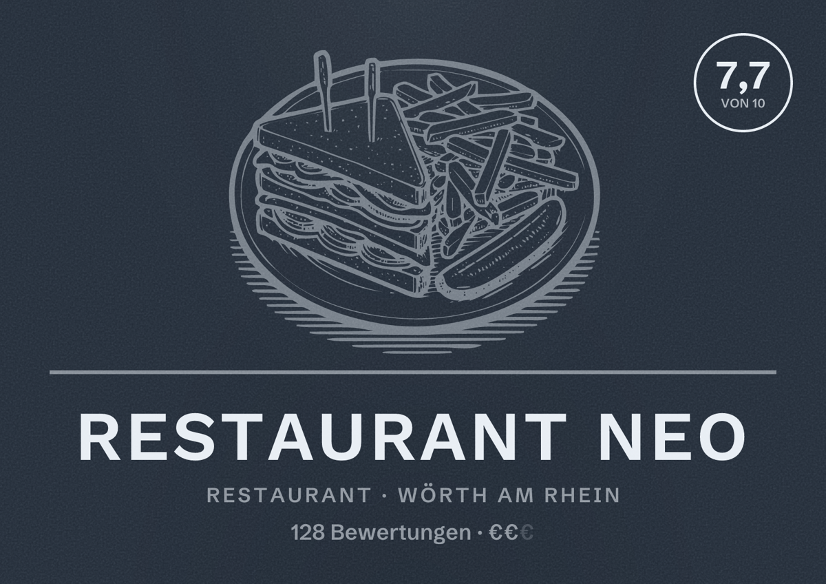 Illustriertes Poster von Restaurant Neo, Restaurant in Wörth am Rhein: Bewertung 7,7 von 10 aus 128 Bewertungen, Preisniveau €€