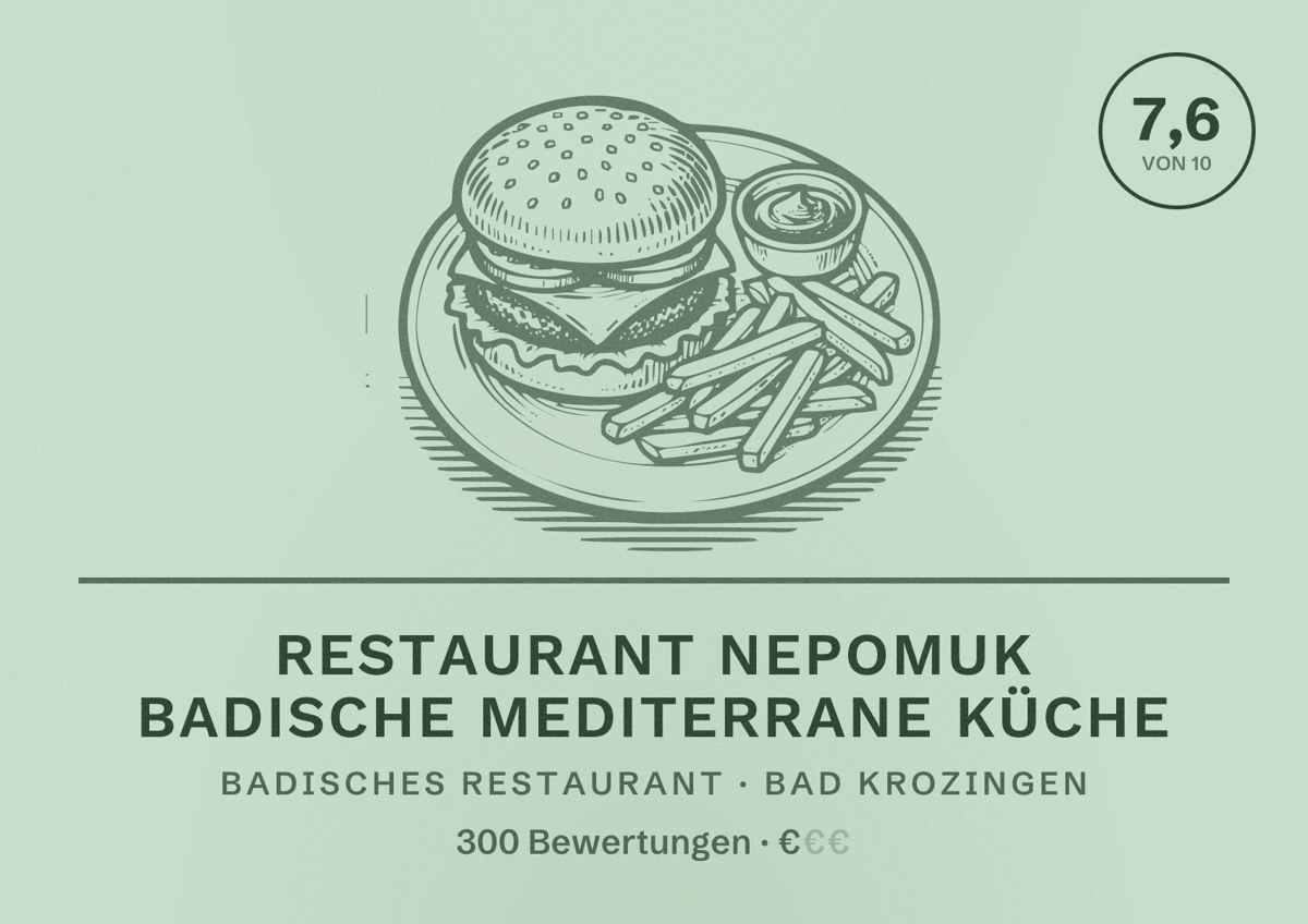 Illustriertes Poster von Restaurant Nepomuk badische mediterrane Küche, Badisches Restaurant in Bad Krozingen: Bewertung 7,6 von 10 aus 300 Bewertungen, Preisniveau €