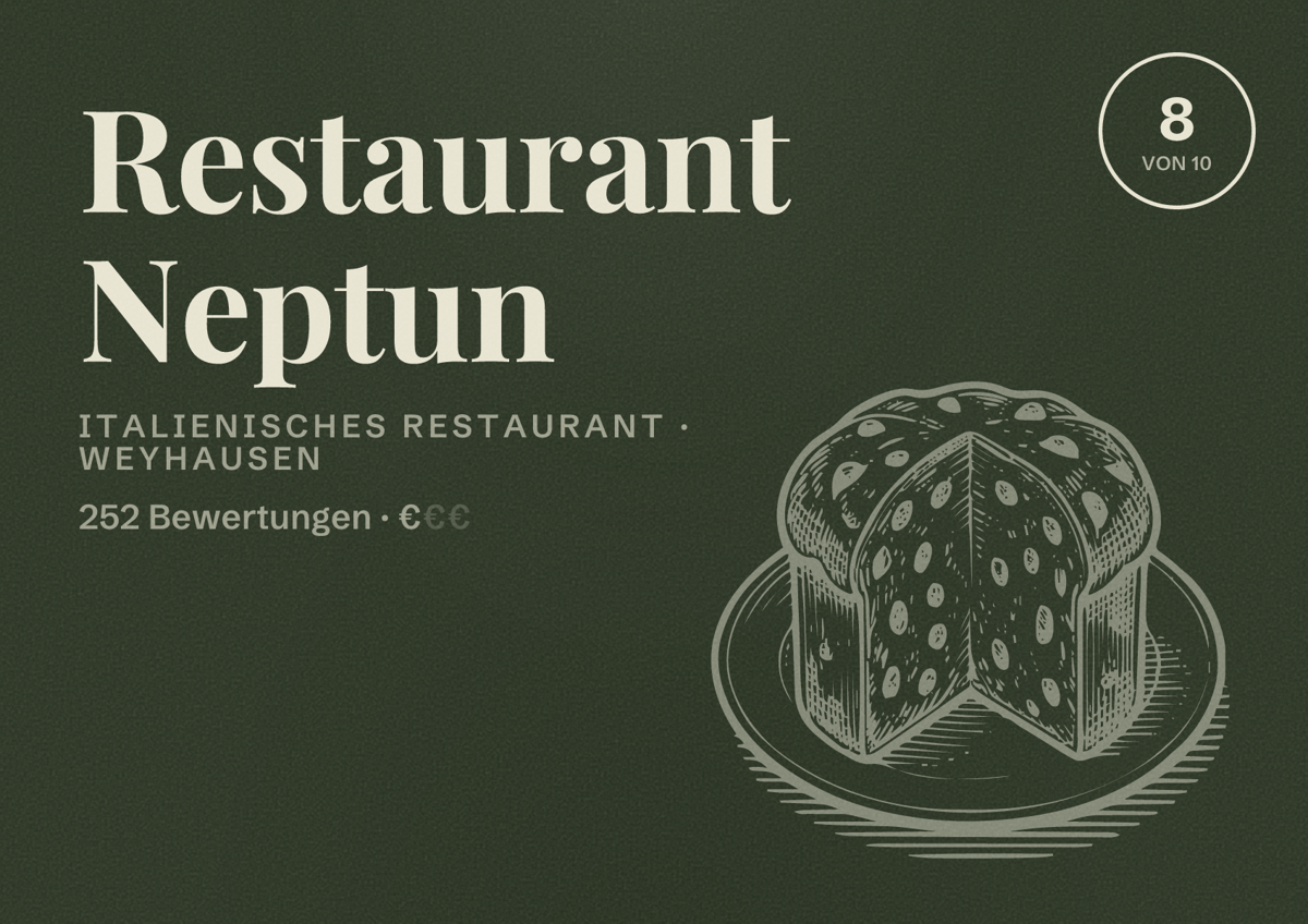 Illustriertes Poster von Restaurant Neptun, Italienisches Restaurant in Weyhausen: Bewertung 8 von 10 aus 252 Bewertungen, Preisniveau €