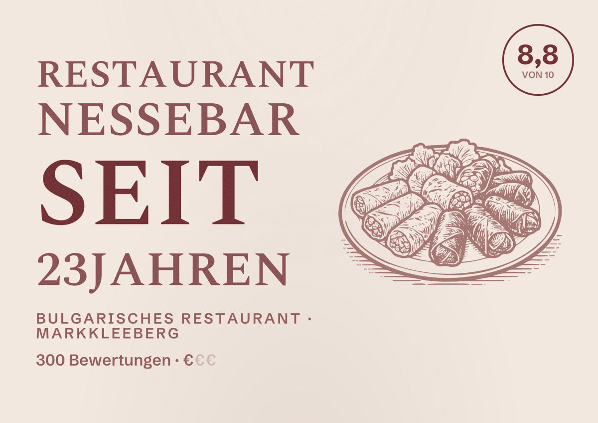 Illustriertes Poster von Restaurant Nessebar seit 23Jahren, Bulgarisches Restaurant in Markkleeberg: Bewertung 8,8 von 10 aus 300 Bewertungen, Preisniveau €