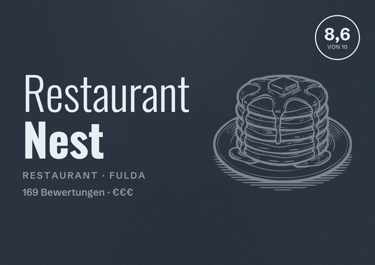 Illustriertes Poster von Restaurant Nest, Restaurant in Fulda: Bewertung 8,6 von 10 aus 169 Bewertungen, Preisniveau €€€