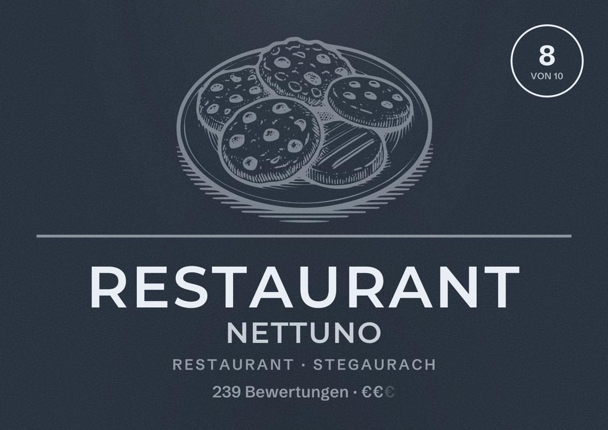 Illustriertes Poster von Restaurant Nettuno, Restaurant in Stegaurach: Bewertung 8 von 10 aus 239 Bewertungen, Preisniveau €€