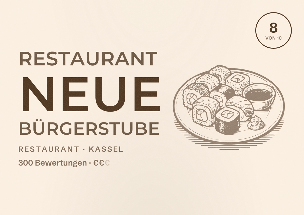 Illustriertes Poster von Restaurant Neue Bürgerstube, Restaurant in Kassel: Bewertung 8 von 10 aus 300 Bewertungen, Preisniveau €€