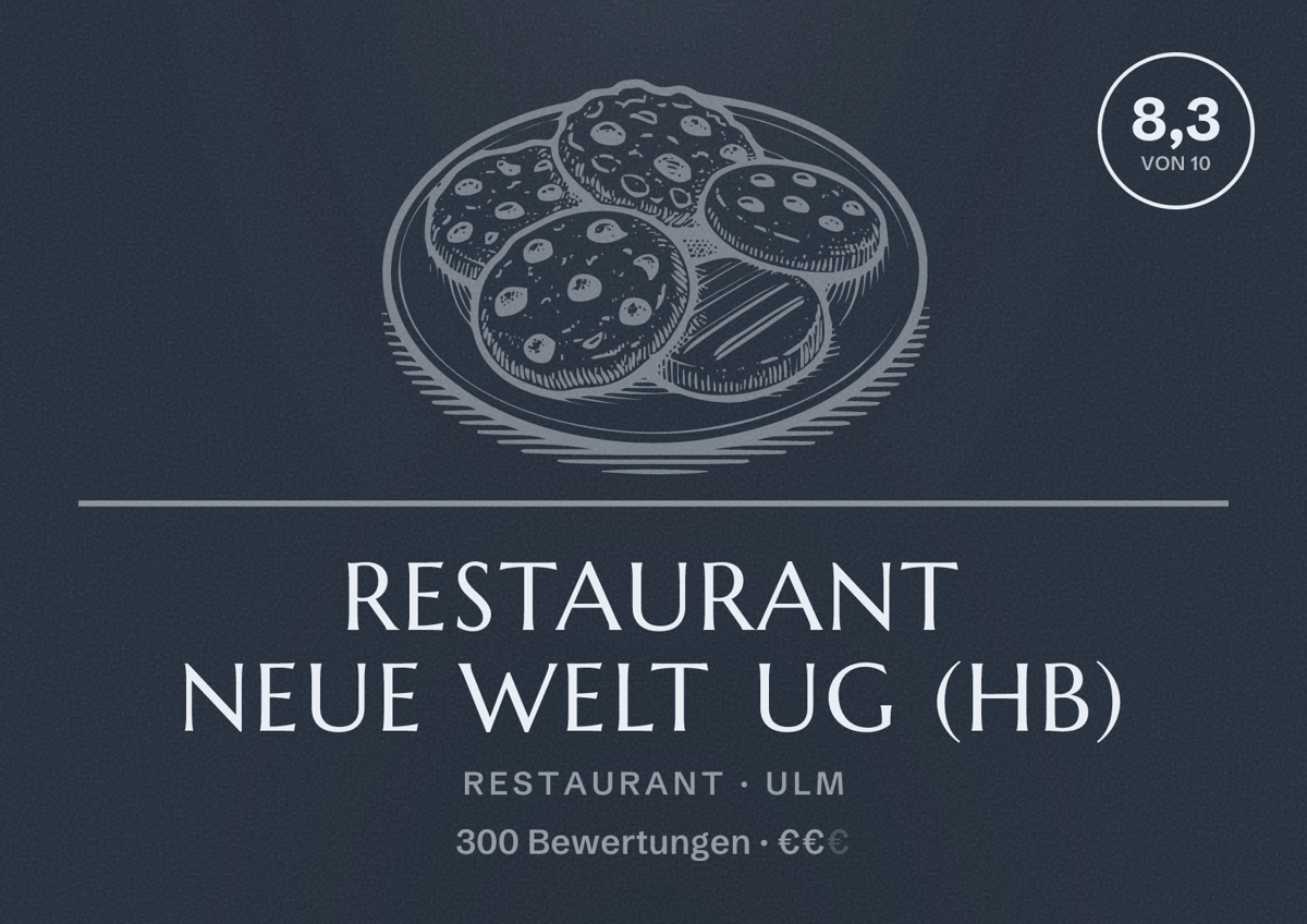 Illustriertes Poster von Restaurant Neue Welt UG (hb), Restaurant in Ulm: Bewertung 8,3 von 10 aus 300 Bewertungen, Preisniveau €€