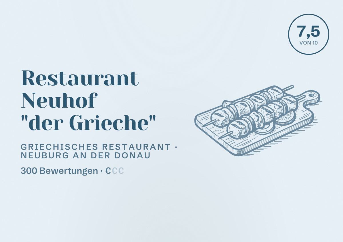 Illustriertes Poster von Restaurant Neuhof "der Grieche", Griechisches Restaurant in Neuburg an der Donau: Bewertung 7,5 von 10 aus 300 Bewertungen, Preisniveau €