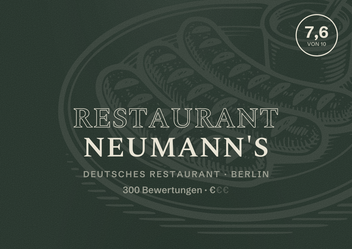 Illustriertes Poster von Restaurant Neumann's, Deutsches Restaurant in Berlin: Bewertung 7,6 von 10 aus 300 Bewertungen, Preisniveau €