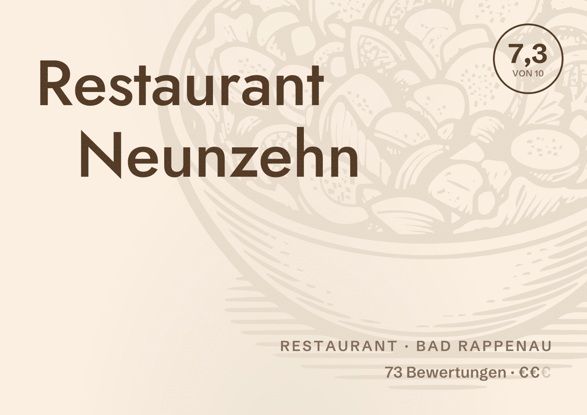 Illustriertes Poster von Restaurant Neunzehn, Restaurant in Bad Rappenau: Bewertung 7,3 von 10 aus 73 Bewertungen, Preisniveau €€