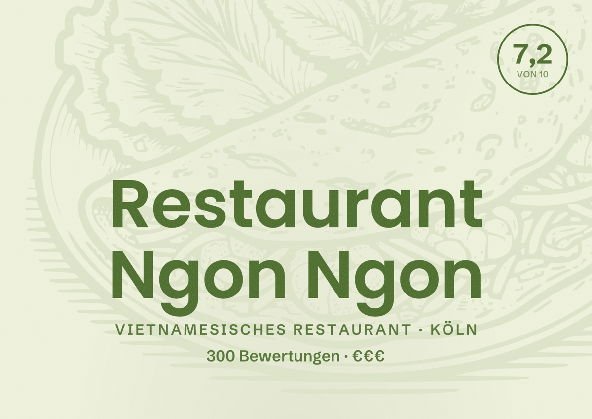 Illustriertes Poster von Restaurant Ngon Ngon, Vietnamesisches Restaurant in Köln: Bewertung 7,2 von 10 aus 300 Bewertungen, Preisniveau €€€