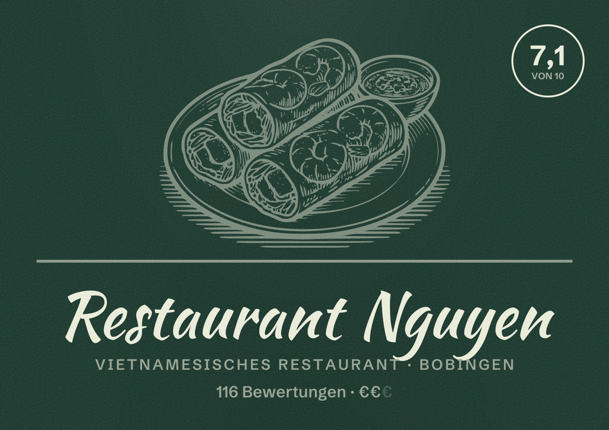 Illustriertes Poster von Restaurant Nguyen, Vietnamesisches Restaurant in Bobingen: Bewertung 7,1 von 10 aus 116 Bewertungen, Preisniveau €€