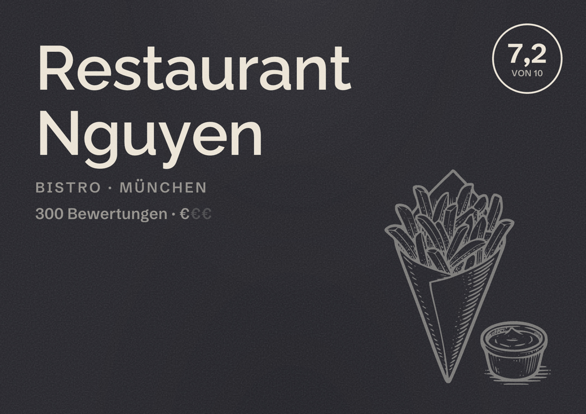 Illustriertes Poster von Restaurant Nguyen, Bistro in München: Bewertung 7,2 von 10 aus 300 Bewertungen, Preisniveau €