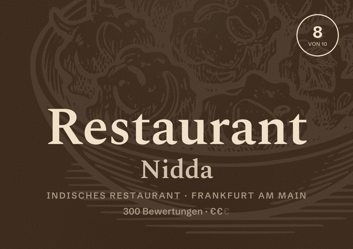 Illustriertes Poster von Restaurant Nidda, Indisches Restaurant in Frankfurt am Main: Bewertung 8,0 von 10 aus 300 Bewertungen, Preisniveau €€